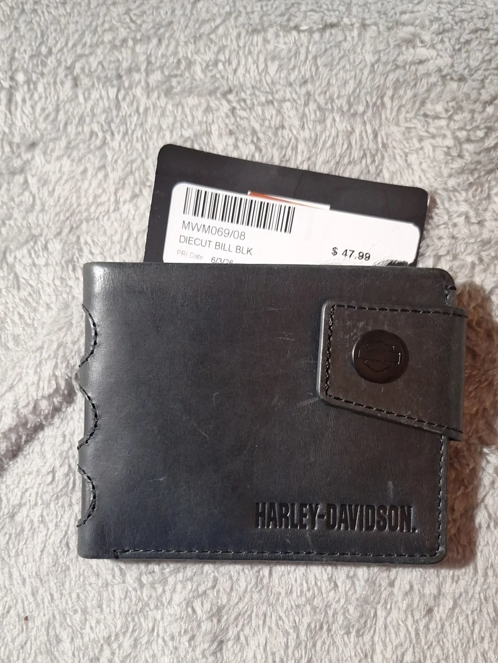 NWT Harley-Davidson Black Leather Bi-Fold Card Holder with Snap Strap
